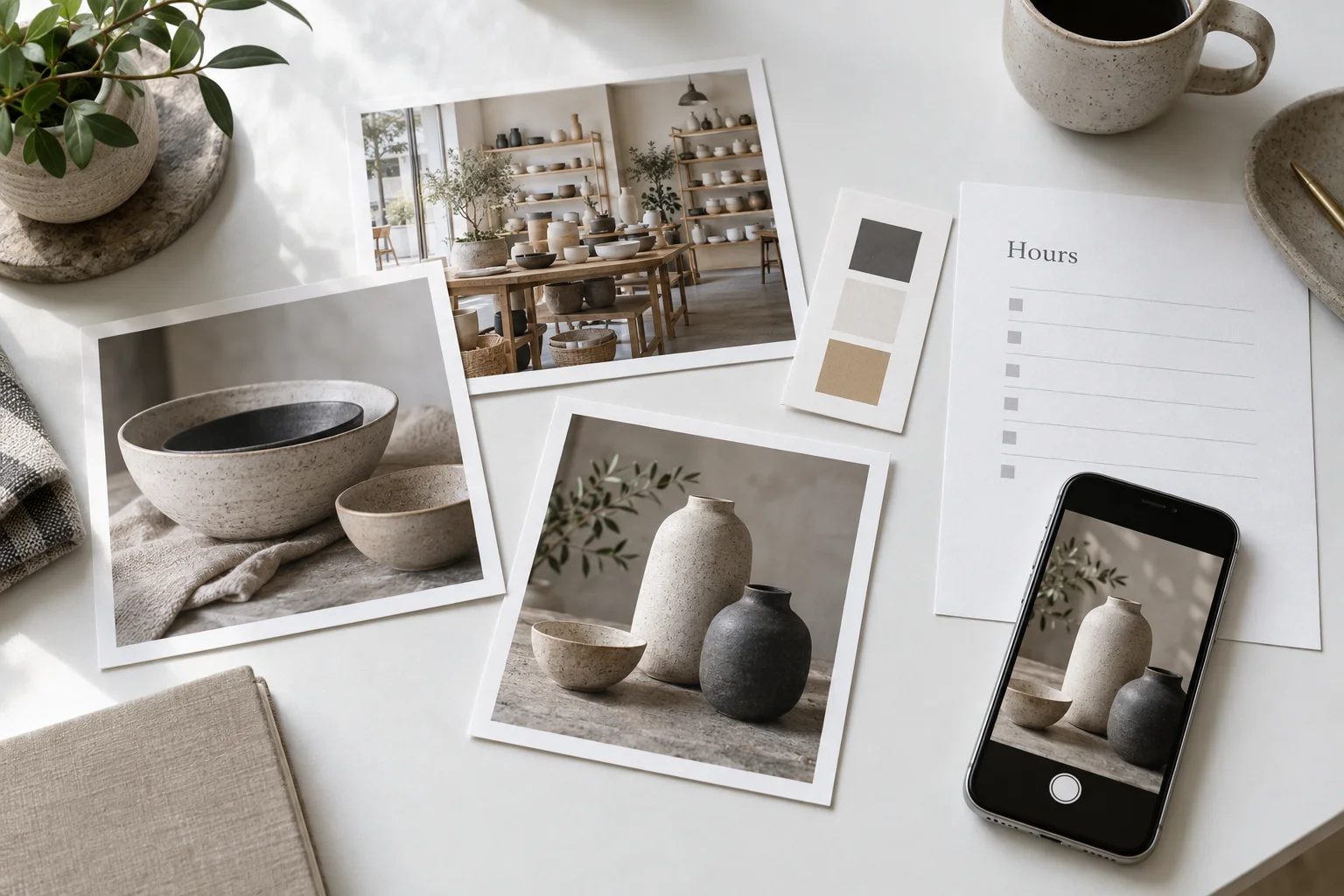 A neatly arranged collection of business content and visual materials for a website.