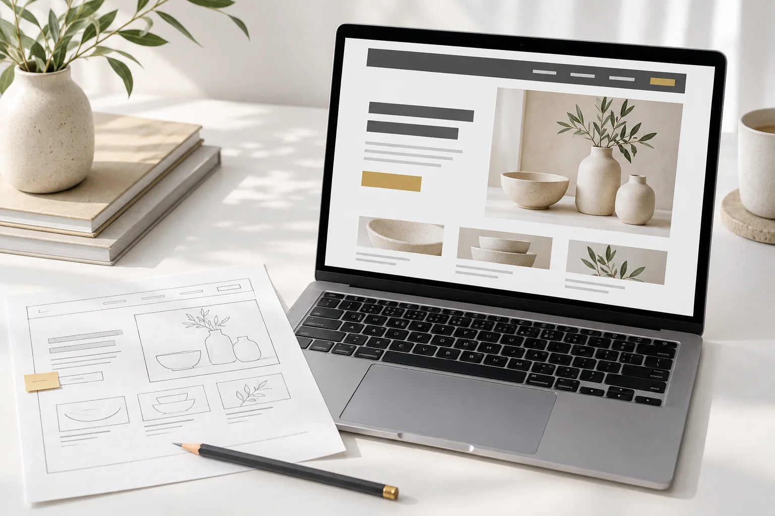 A website design presented for review on a laptop, alongside planning materials.