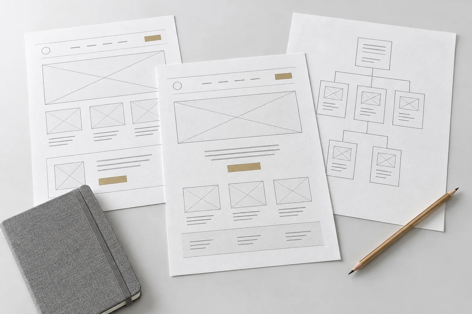 Paper website wireframes and a page map arranged with a graphite notebook and gold pencil.