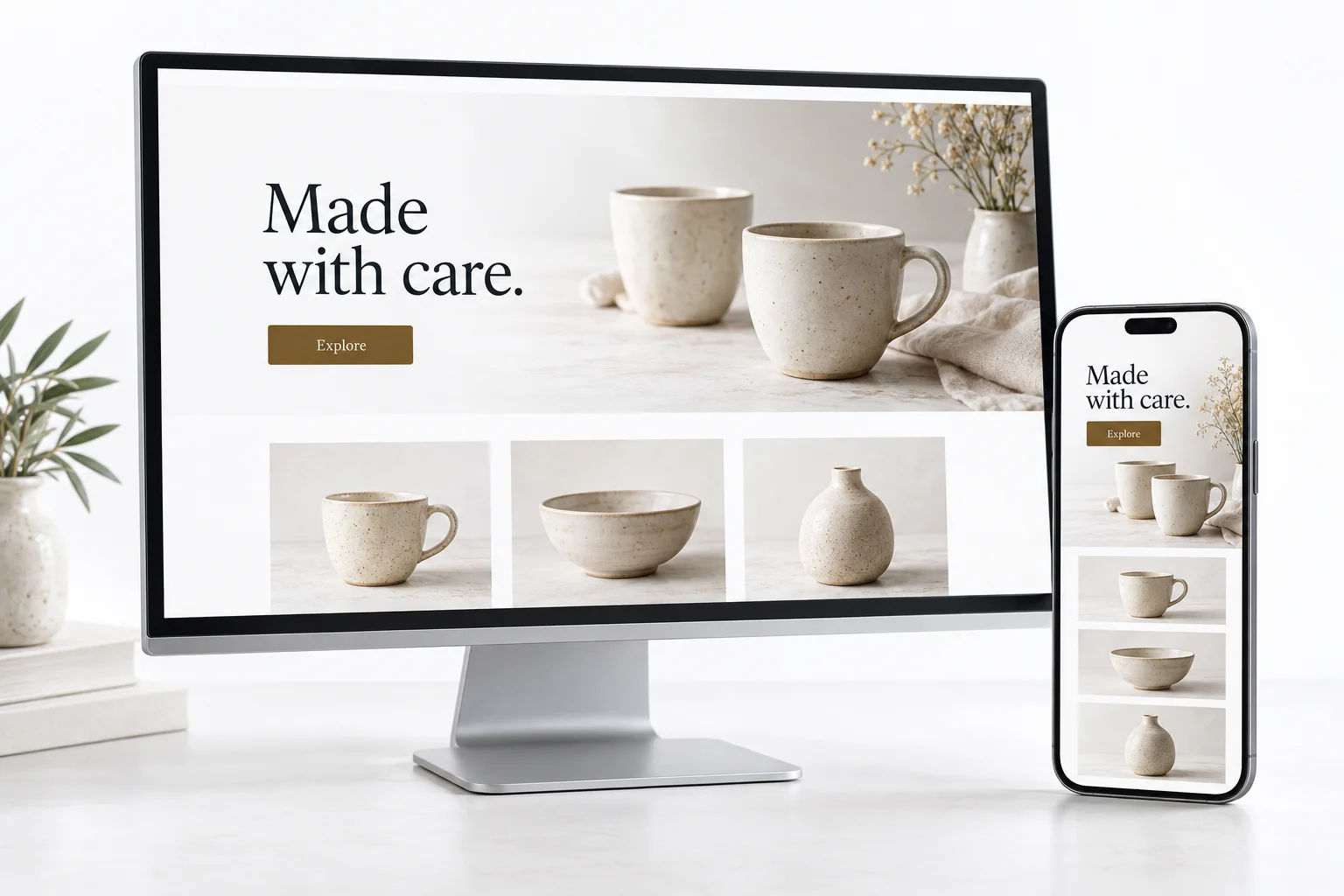 A sample ceramics website adapts from a wide desktop layout to a single column on a phone.